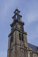 Stunning aerial view of Westerkerk, the Protestant church in Amsterdam an the view of its iconic architecture, channels and vibrant cityscape.
