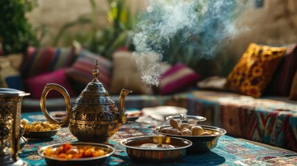 Fototapeta premium An ornate teapot sits with food on a low table setting