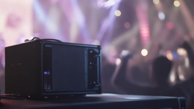 Powerful amplifier delivering high quality sound during live performance, enhancing audience experience with clear audio reproduction in crowded venue