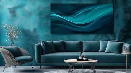 Deep teal and forest green abstract waves, moody and sleek with glossy finish