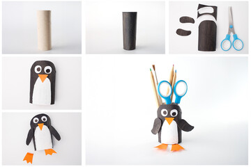DIY penguin pencil holder made from recycled cardboard tube with scissors, pencils, and...