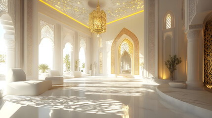 Inside a grand Islamic palace, luxurious gold and white interiors with intricate ceiling patterns and chandeliers