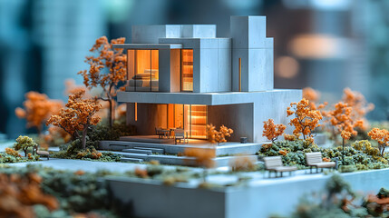Modern Concrete House Model With Autumn Trees