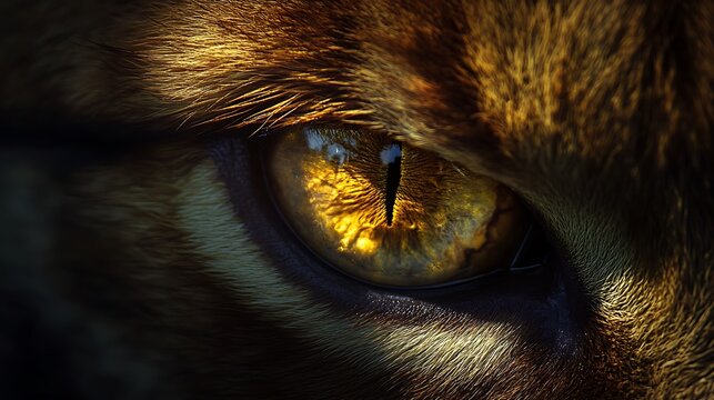 Extreme close-up of a wild cat's golden eye / 野生ネコ科動物の黄金色の目の超クローズアップ