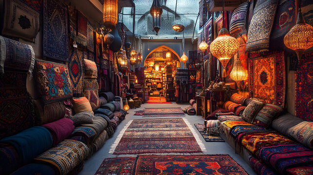 Traditional Arabian carpet market, vibrant colors and patterns, glowing lanterns illuminating the space