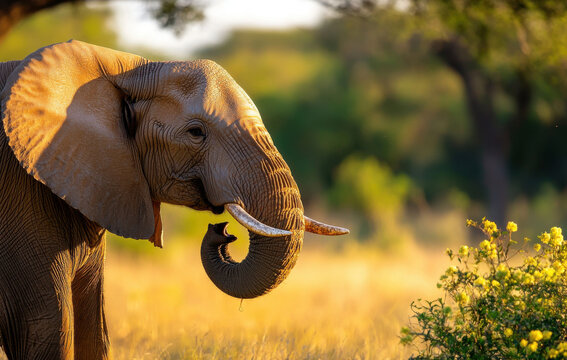 majestic elephant in golden landscape, showcasing wildlife beauty