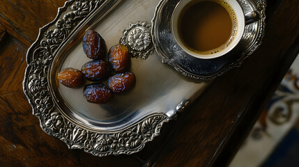 Close-up of delicious dates and a cup of Arabic coffee on an ornate silver tray, warm and inviting atmosphere