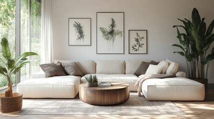 Naklejka premium Minimalistic Scandinavian living room with cozy sofa and coffee table