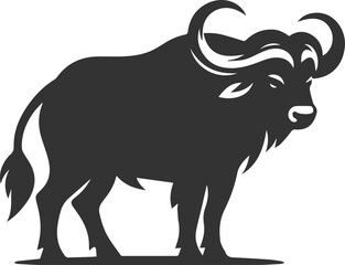 Buffalo standing tall, facing forward with large curved horns animal vector silhouette