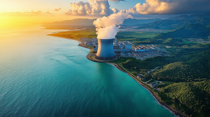 Wide shot of a nuclear power plant along the coast at sunset with clouds and smoke rising from cooling towers