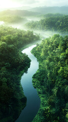 Aerial view of a pristine river flowing through a dense, vibrant green tropical rainforest, creating a breathtaking natural spectacle
