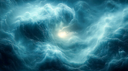 Swirling patterns of blue and green create an abstract atmosphere with vibrant energy and depth