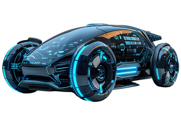 Futuristic Autonomous Electric Vehicle with Sleek Neon Lit Exterior and Advanced Digital Dashboard