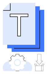 Stack of documents with large text icon, gear for customization, arrow showing download into folder. Ideal for data storage, document editing, business workflows, file sharing, cloud services