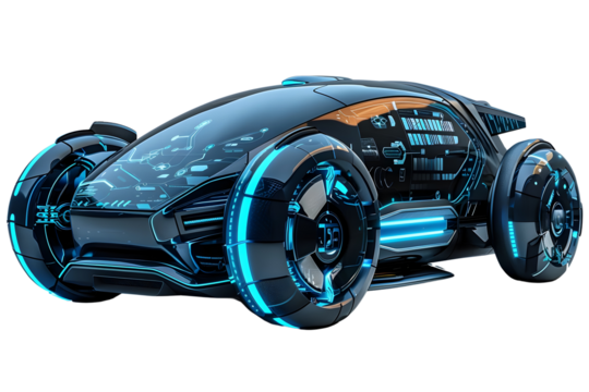 Futuristic Autonomous Electric Vehicle with Sleek Neon Lit Exterior and Advanced Digital Dashboard