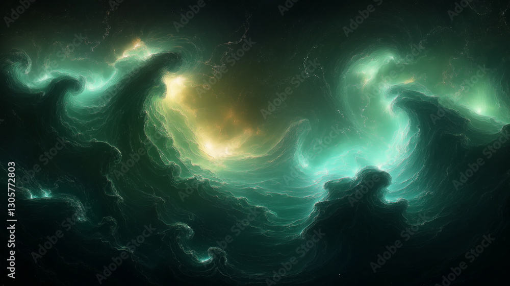 Poster swirling abstract patterns of green and blue create a serene atmosphere reminiscent of cosmic waves 