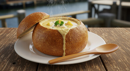 Maryland’s Signature Crab Soup in a Rustic Bread Bowl with a Spoon – A Flavorful Coastal Delight for Seafood Enthusiasts