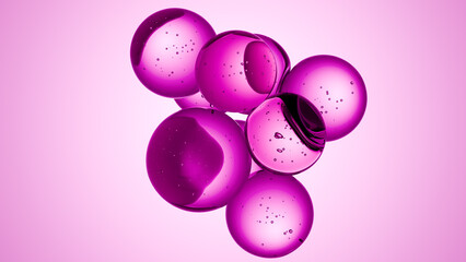 Cosmetics pink serum liquid bubbles 3d abstract background. Cosmetic moisturizer essence gel. Collagen fluid bubble molecule. Moisturizing cream or oil, beauty skin concept
