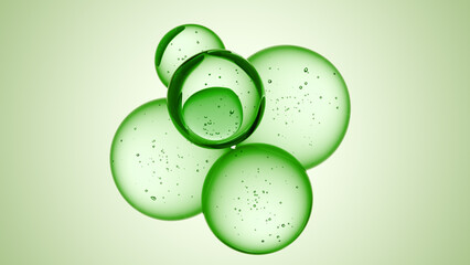 Cosmetics green serum liquid bubbles 3d abstract background. Cosmetic moisturizer essence gel. Collagen fluid bubble molecule. Moisturizing cream or oil, beauty skin concept