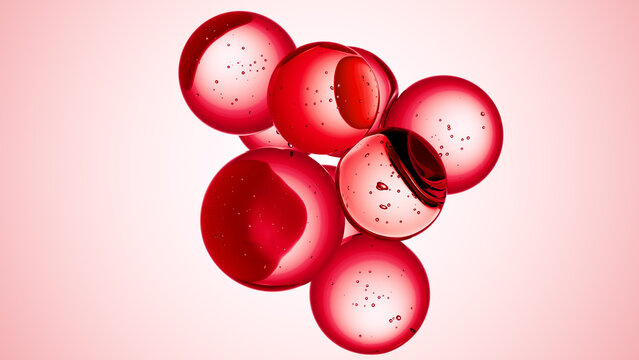 Cosmetics red serum liquid bubbles 3d abstract background. Cosmetic moisturizer essence gel. Collagen fluid bubble molecule. Moisturizing cream or oil, beauty skin concept
