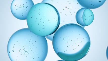 Cosmetics blue serum liquid bubbles 3d abstract background. Cosmetic moisturizer essence gel. Collagen fluid bubble molecule. Moisturizing cream or oil, beauty skin concept