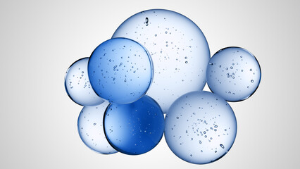 Cosmetics blue serum liquid bubbles 3d abstract background. Cosmetic moisturizer essence gel. Collagen fluid bubble molecule. Moisturizing cream or oil, beauty skin concept
