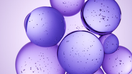 Cosmetics purple serum liquid bubbles 3d abstract background. Cosmetic moisturizer essence gel. Collagen fluid bubble molecule. Moisturizing cream or oil, beauty skin concept