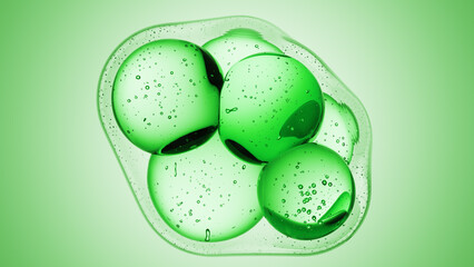 Cosmetics green serum liquid bubbles 3d abstract background. Cosmetic moisturizer essence gel. Collagen fluid bubble molecule. Moisturizing cream or oil, beauty skin concept