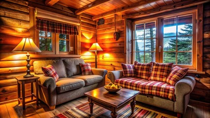 Naklejka premium Cozy Cabin Interior: Macro Photography of Wooden Walls & Comfortable Seating