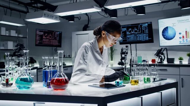 A scientist in a lab coat works with colorful chemicals in a modern lab. Low-angle shot emphasizes the futuristic video setting and advanced technology.