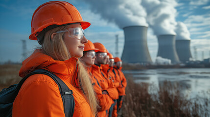 Diverse group of engineers and scientists in safety gear at power plant near water