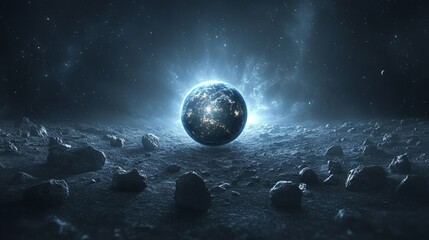 Earth seen from asteroid belt, soft distant light, faint glowing planet, and isolated cosmic mood, wide-angle shot.