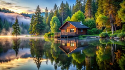 Obraz premium Cozy Lake Cabin Morning Mist - High DOF Photography - Peaceful Retreat