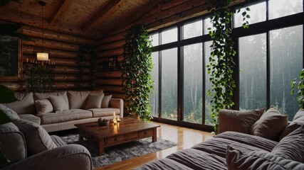 Cozy log cabin living room with large windows and lush plants. Wide-angle shot captures rustic style, ideal for a relaxing video ambiance.