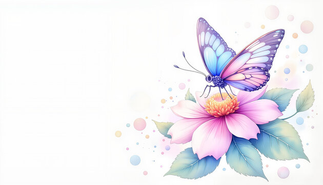 Soft-focus butterfly resting on blooming flower with copy space, pastel tranquility