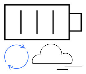 Battery symbol with blue recycling arrows and a cloud, representing green energy, sustainability, and innovation. Ideal for renewable energy, eco-technology, climate solutions, resource efficiency