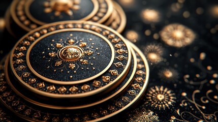 Ornate golden shields, detailed closeup, dark background, artistic display, possible use in design or jewelry