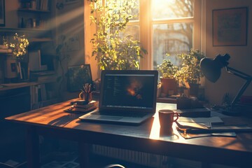 Sunlight streams through a window, illuminating a desk with a laptop and creating a warm atmosphere.