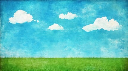 Fototapeta premium A vibrant landscape painting featuring clouds and green grass