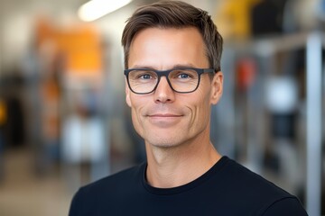 Smiling man with glasses stands in a room beside a metal rack.