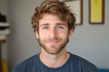 Obraz premium Smiling man with blue eyes and curly hair poses in a cozy room setting.