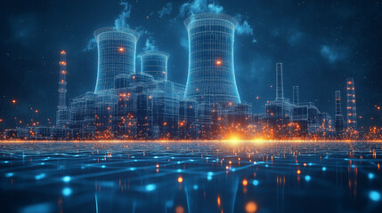 Visual representation of atomic power plant utilizing digital technology and glowing elements in a futuristic landscape