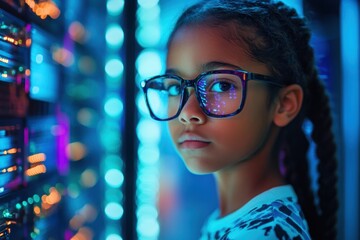 A young girl with glasses stands in front of a server, showcasing technology and curiosity.