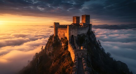 Obraz premium Dramatic Fortress on Mountain Peak Surrounded by Golden Clouds at Sunrise