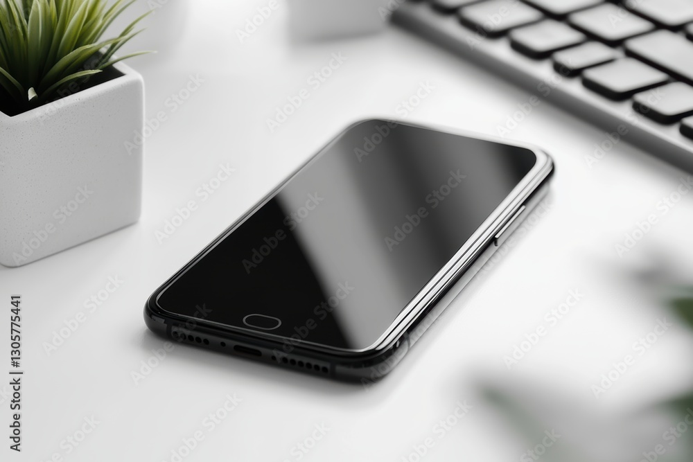 Poster a cell phone rests on a desk beside a computer keyboard.