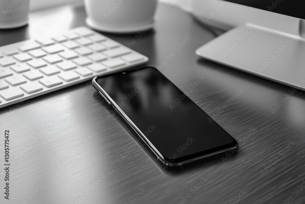 Poster a cell phone rests on a desk beside a computer keyboard.