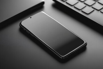 A cell phone rests on a desk beside a keyboard, showcasing a modern workspace setup.