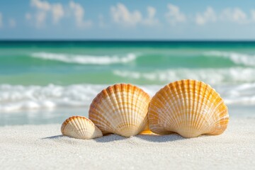Three shells rest on the sandy beach beside the ocean waves.