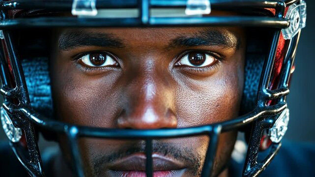 Intense focus of a football player preparing for a critical match in a stadium under bright lights