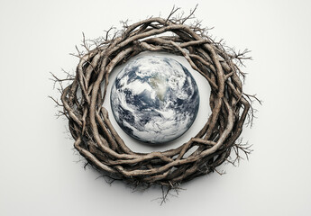 Planet Earth surrounded by intertwined tree branches symbolizing the fragility of nature, environmental protection, and the importance of caring for our ecosystem for future generations